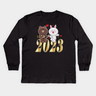 Brown Bear Cony Bunny Rabbit New Year 2023 Kids Long Sleeve T-Shirt